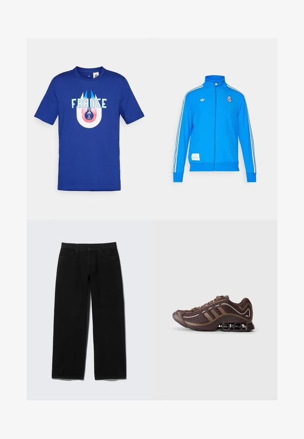 adidas Originals REAL MADRID ICON TRACK TOP - Klubové oblečenie - bluebird/white; Modrá bavlnená tričko s nápisom "FRANCÚZSKO" v bielej farbe a okrúhlym grafickým prvkom nižšie, ktorý zobrazuje futbal a logo v červenej a modrej farbe.; Čierne džínsové nohavice širokého strihu vyrobené z denimu s piatimi vreckami, predným zapínaním na zips a kontrastnými švami.; Hnedá atletická obuv s vrchnou časťou z mäkkej sieťoviny a syntetických materiálov, so znakmi troch pruhov, detailným prešívaním, mäkkou podrážkou a charakteristickým pružným podpätkom.