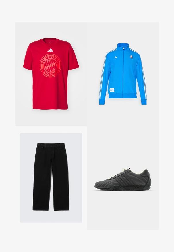 adidas Originals REAL MADRID ICON TRACK TOP - Klubbklær - bluebird/white; Rød bomull t-skjorte med et stort, sirkulært FC Bayern München-logo i sentrum. Adidas tre-stripes-logo på øvre høyre side.; Svarte vide jeans laget av denim. Har et klassisk fem-lommer design, knapp og glidelås lukkemekanisme, samt forsterkede sømmer.; adidas Originals ADIRACER UNISEX - Joggesko - core black/cream white
