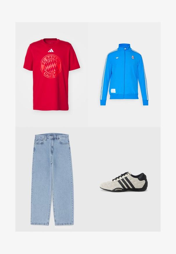 adidas Originals REAL MADRID ICON TRACK TOP - Klubska moštva - bluebird/white; Rdeča bombažna majica s kratkimi rokavi, ki ima na sredini velik krožni logo FC Bayern München. Na zgornjem desnem delu je logo Adidas s tremi črtami.; Svijetloplave traperice s ravnim nogavicama, srednjeg struka, pet džepova te zatvaranjem na gumb i munju.; Adidas športna obutev s teksturiranim svetlo sivim zgornjim delom in črnimi usnjenimi detajli. Ima črn logo s tremi črtami in oblazinjeno podplatom.