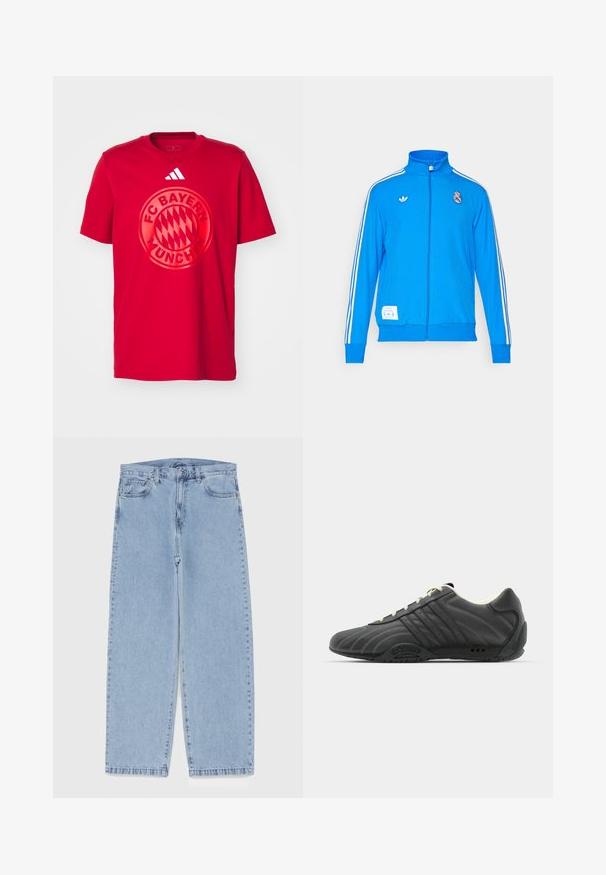 adidas Originals REAL MADRID ICON TRACK TOP - Klubové oblečenie - bluebird/white; Červené bavlnené tričko s veľkým kruhovým logom FC Bayern München na strednom mieste. Logo Adidas so tromi pruhmi na hornej pravej strane.; Svetlomodré denimové džínsy s rovnými nohavicami, s polovysokým pásom, piatimi vreckami a zapínaním na gombík a zips.; adidas Originals ADIRACER UNISEX - Tenisky - core black/cream white