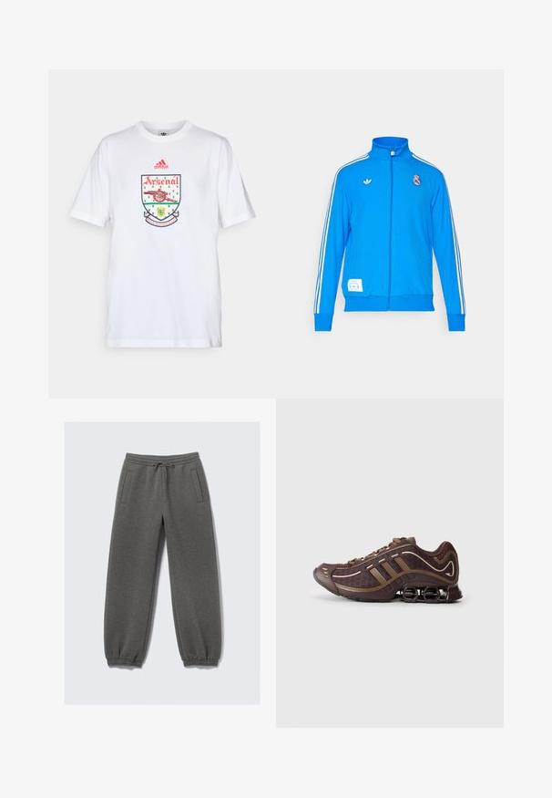 adidas Originals REAL MADRID ICON TRACK TOP - Joukkuetuote - bluebird/white; adidas Performance ARSENAL FC TEE 92-94 - Joukkuetuote - white; Harmaat verkkarit pehmeästä kankaasta, joissa on naru-edestä säädettävä vyötärö, joustavat hihnat ja sivutaskut. Suora lahje.; Ruskeat urheilukengät, joissa on verkkovuori ja synteettinen päällinen, kolmonen raita, yksityiskohtainen ompelu, pehmustettu pohja ja tyypillinen joustava kanta.