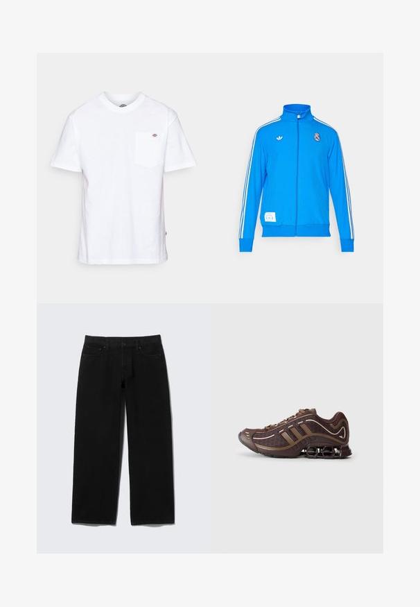 adidas Originals REAL MADRID ICON TRACK TOP - Klubbklær - bluebird/white; Hvit bomulls T-skjorte med rund hals, korte ermer og en brystlomme med et lite merke-logo på venstre side.; Svarte vidbukse jeans laget av denim med fem lommer, glidelås foran, og kontrasterende sømdetaljer.; Brun atletisk sko med mesh og syntetisk overdel, med tre striper, detaljert søm, polstret såle og karakteristisk fjærende hæl.