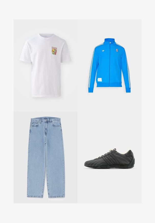 adidas Originals REAL MADRID ICON TRACK TOP - Club wear - bluebird/white; White cotton t-shirt with a crew neckline, short sleeves, and a colorful graphic featuring a skull and flowers on the chest.; Light blue denim jeans with straight leg design, featuring a mid-rise waist, five pockets, and a button and zipper closure.; adidas Originals ADIRACER UNISEX - Trainers - core black/cream white