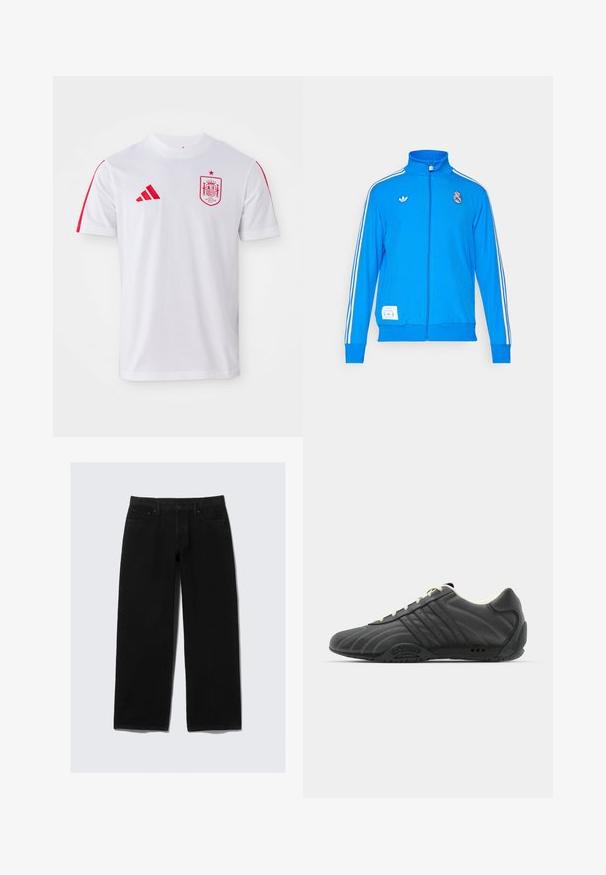 adidas Originals REAL MADRID ICON TRACK TOP - Sporto klubų atributika - bluebird/white; Adidas balta futbolo maršina su raudonomis detalėmis, kuri turi apvalų kaklą, trumpas rankoves ir Ispanijos nacionalinės komandos logotipą ant krūtinės.; Juodi plačios kojos džinsai, pagaminti iš džinsinio audinio. Su klasikinėmis penkių kišenių dizainu, mygtuko ir užtrauktuko uždarymu, taip pat sustiprinta siūlė.; adidas Originals ADIRACER UNISEX - Sportbačiai - core black/cream white