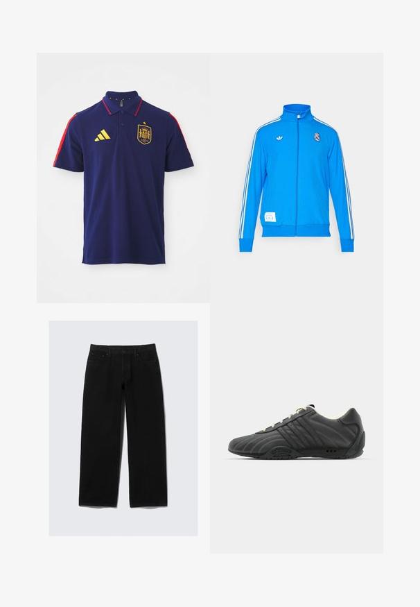 adidas Originals REAL MADRID ICON TRACK TOP - Klupska odjeća - bluebird/white; Mornarsko plava polo majica s crvenim detaljima, žutim Adidas logotipom i španjolskim nacionalnim emblemom. Izrađena od pamuka, ima klasični ovratnik i kopčanje na gumbe.; Crne široke traperice izrađene od denima. Imaju klasičan dizajn s pet džepova, dugme i patentni zatvarač, te ojačane šavove.; adidas Originals ADIRACER UNISEX - Tenisice - core black/cream white