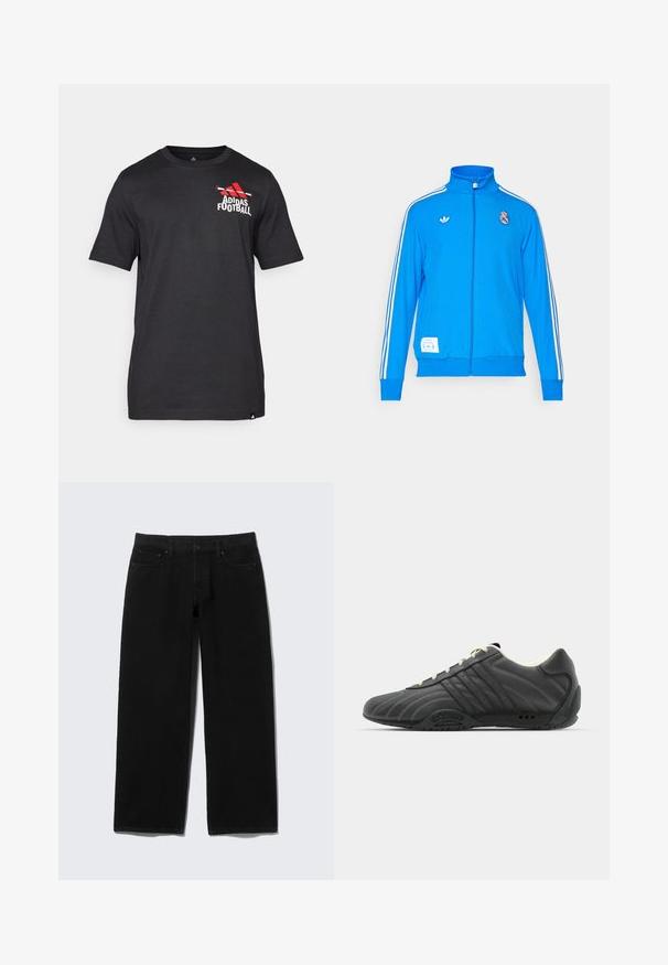 adidas Originals REAL MADRID ICON TRACK TOP - Klub merchandise - bluebird/white; Sort kortærmet t-shirt lavet af bomuld, med et rødt Adidas-logo og teksten "Football" på venstre brystområde. Glat tekstur.; Sorte jeans med vide ben lavet af denim med fem lommer, lynlås foran og kontrasterende syningsdetaljer.; adidas Originals ADIRACER UNISEX - Sneakers - core black/cream white