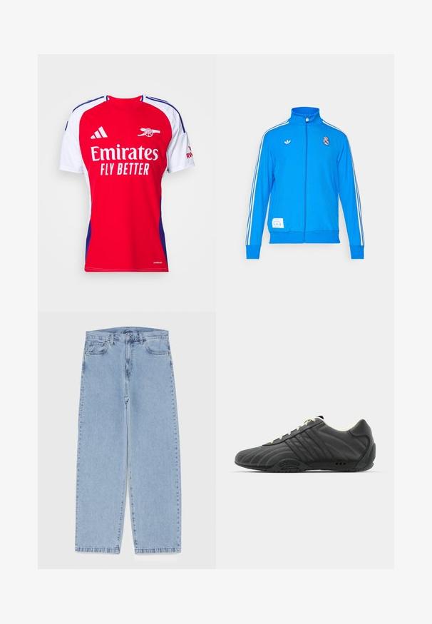 adidas Originals REAL MADRID ICON TRACK TOP - Sporto klubų atributika - bluebird/white; Raudona ir balta sportinė marškinė su trumpomis rankovėmis, su apvaliu kaklu, mėlynais akcentais ir logotipu "Emirates Fly Better" ant priekio.; Šviesiai mėlyni džinsai su tiesiomis kojomis, turintys vidutinio aukščio juosmenį, penkias kišenes ir mygtuko bei užtrauktuko uždarymą.; adidas Originals ADIRACER UNISEX - Sportbačiai - core black/cream white