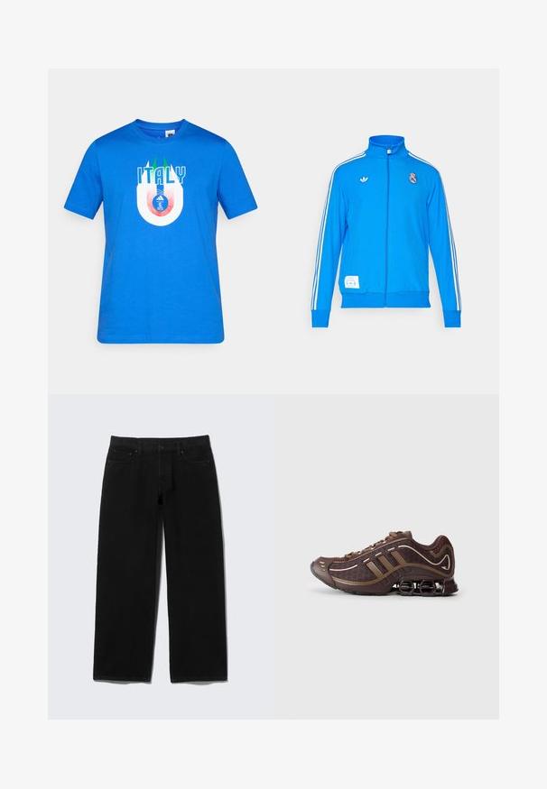 adidas Originals REAL MADRID ICON TRACK TOP - Kluba apģērbs - bluebird/white; Zils īsroku T-krekls ar uzrakstu "ITALY" un stilizētu Itālijas karoga dizainu virs apaļa futbola emblēmas priekšpusē.; Melnas plata griezuma džinsi no džinsa ar piecām kabatām, priekšējām rāvējslēdzēja aizdari un kontrastējošām šuvju detaļām.; Brūni sporta apavi ar acu sietu un sintētisku virsu, ar trim svītrām, sīkajiem šuvēm, mīksto zoli un raksturīgu atsperīgu papēdi.