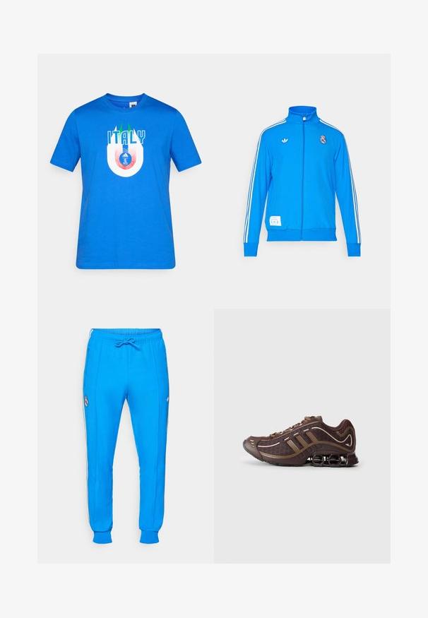 adidas Originals REAL MADRID ICON TRACK TOP - Club wear - bluebird/white; Blue short-sleeve T-shirt with "ITALY" text and stylized Italian flag design above a circular soccer emblem on the front.; adidas Originals REAL MADRID ICON TRACK PANT - Club wear - bluebird/white; Brown athletic shoe with mesh and synthetic upper, featuring three stripes, detailed stitching, cushioned sole, and characteristic springy heel.