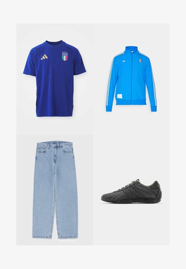 adidas Originals REAL MADRID ICON TRACK TOP - Klubové oblečenie - bluebird/white; Modrá krátkorpová športová košeľa vyrobená z jemnej látky. Na pravej ramene má zlaté logo Adidas a na hrudi emblem Talianska.; Svetlomodré denimové džínsy s rovnými nohavicami, s polovysokým pásom, piatimi vreckami a zapínaním na gombík a zips.; adidas Originals ADIRACER UNISEX - Tenisky - core black/cream white