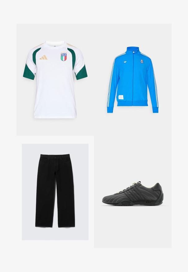 adidas Originals REAL MADRID ICON TRACK TOP - Sporto klubų atributika - bluebird/white; Baltas trumpomis rankovėmis sportinis marškinėlis su žaliais akcentais, ant kurio yra mėlynas ir raudonas logotipas su užrašu „ITALIA“ ir keturios auksinės žvaigždutės, bei auksinės juostos ant pečių.; Juodi plačios kojos džinsai, pagaminti iš džinsinio audinio. Su klasikinėmis penkių kišenių dizainu, mygtuko ir užtrauktuko uždarymu, taip pat sustiprinta siūlė.; adidas Originals ADIRACER UNISEX - Sportbačiai - core black/cream white
