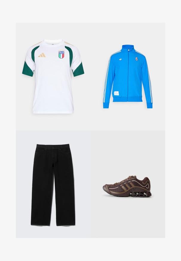 adidas Originals REAL MADRID ICON TRACK TOP - Club wear - bluebird/white; White short-sleeve sports shirt with green accents, featuring a blue and red logo with "ITALIA" and four gold stars, and gold shoulder stripes.; Black wide-leg jeans made of denim with five pockets, a front fly closure, and contrasting stitching details.; Brown athletic shoe with mesh and synthetic upper, featuring three stripes, detailed stitching, cushioned sole, and characteristic springy heel.