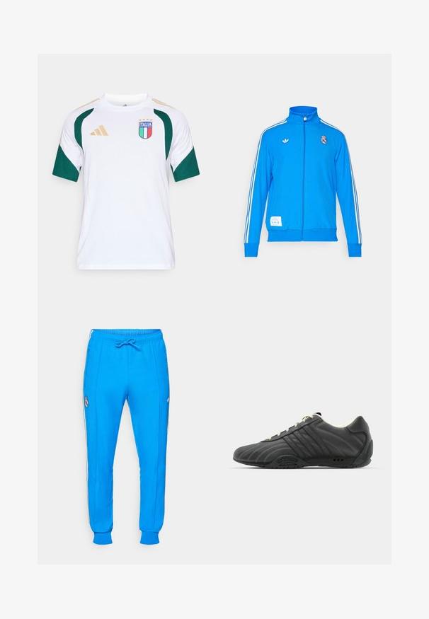 adidas Originals REAL MADRID ICON niebieski; Biała sportowa koszulka z krótkim rękawem z zielonymi akcentami, z niebiesko-czerwonym logo z napisem "ITALIA" oraz czterema złotymi gwiazdami i złotymi paskami na ramionach.; adidas Originals REAL MADRID ICON niebieski; adidas Originals ADIRACER UNISEX czarny