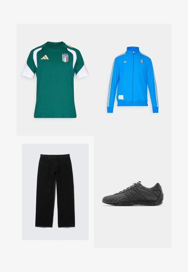 adidas Originals REAL MADRID ICON TRACK TOP - Športne kratke hlače - bluebird/white; Zelena športna majica s kratkimi belimi rokavi, z vezenim logotipom Italia in z zlatimi poudarki, izdelana iz mehkega, zračnega materiala.; Črne široke jean hlače, izdelane iz denima. Imajo klasičen pet-pocket dizajn, z gumbom in zadrgo ter ojačano šivanje.; adidas Originals ADIRACER UNISEX - Športni copati - core black/cream white