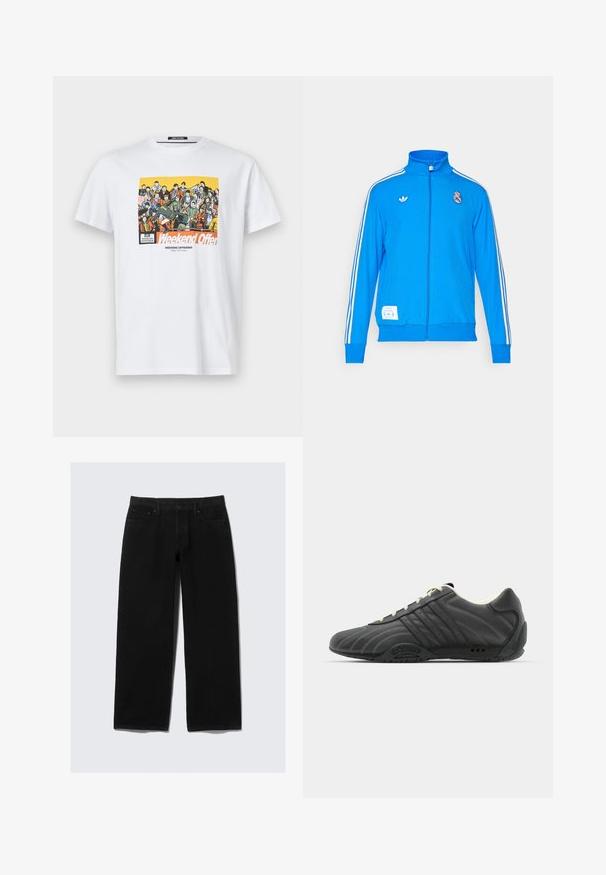 adidas Originals REAL MADRID ICON TRACK TOP - Klubska moštva - bluebird/white; Bela bombažna majica s pisanimi grafičnimi motivi, ki prikazujejo več likov. Prek tega besedilo "Ponudba za vikend" v močni oranžni barvi.; Črne široke jean hlače, izdelane iz denima. Imajo klasičen pet-pocket dizajn, z gumbom in zadrgo ter ojačano šivanje.; adidas Originals ADIRACER UNISEX - Športni copati - core black/cream white