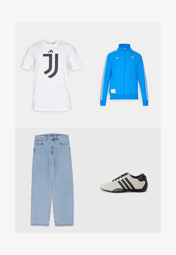 adidas Originals REAL MADRID ICON niebieski; Biała bawełniana koszulka z krótkim rękawem, z dużym czarnym logo Juventusu na przodzie. Okrągły dekolt, standardowy krój.; Jasnoniebieskie dżinsy o prostym kroju nogawki, z średnim stanem, pięcioma kieszeniami oraz zapięciem na guzik i zamek błyskawiczny.; Buty sportowe Adidas z fakturowaną, jasnoszaro górą i czarnymi skórzanymi akcentami. Posiada czarne logo z trzema paskami i amortyzowaną podeszwę.