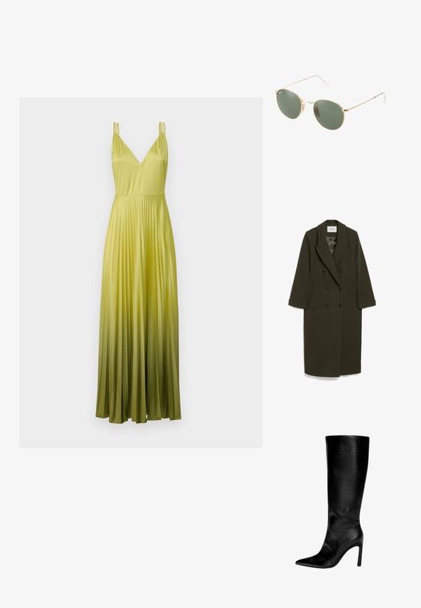 Dunkelolivgrüner doppelt knöpfbarer Mantel mit langen Ärmeln, Reverskragen, zwei seitlichen Taschen und schwarzen Knöpfen; glatte Stofftextur.; MAX&Co. VIVETTA - Ballkleid - apfelgruen; Knöchelhoher schwarzer Lederstiefel mit spitzem Zeh, hohem Stöckelabsatz, glatter Oberfläche und einem einfachen, eleganten Design ohne Verzierungen.; Sonnenbrille mit goldfarbenem Metallrahmen und grünen Gläsern, runder Form, dünnen Bügeln und weißen Kunststoffakzenten an den Enden der Bügel.; Silberne Halskette mit miteinander verbundenen runden Gliedern und einem polierten, herzförmigen Akzent in der Mitte. Sicherer Verschluss inklusive.