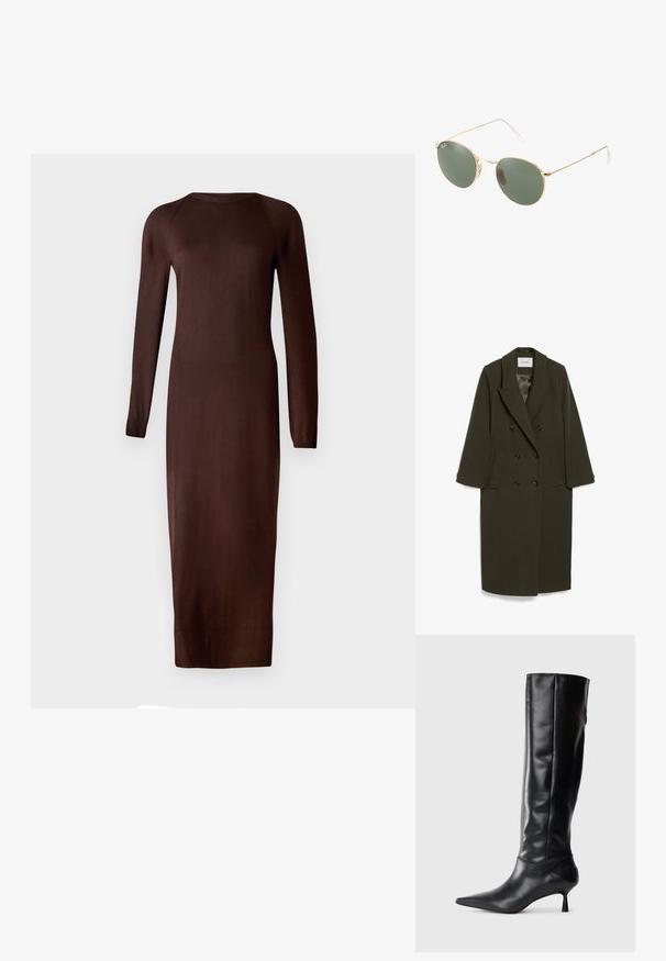 Tmavozelený dvojradový kabát s dlhými rukávmi, zárezovým golierom, dvoma bočnými vreckami a čiernymi gombíkmi; hladká textúra látky.; Hnedé, dlhé pletené šaty s okrúhlym výstrihom a priliehavou siluetou, siahajúcou po polovicu lýtok. Mäkkučká, hladká textúra s minimálnymi detailmi.; Čierna kožená vysoká čižma po kolená s špicatou špičkou a štíhlym zakriveným opätkom. Hladká textúra, priliehajúci dizajn a žiadne viditeľné kovanie alebo vzory.; Slnečné okuliare s zlatým kovovým rámom a zelenými šošovkami, okrúhly tvar, tenké nožičky a biele plastové akcenty na koncoch ramien.