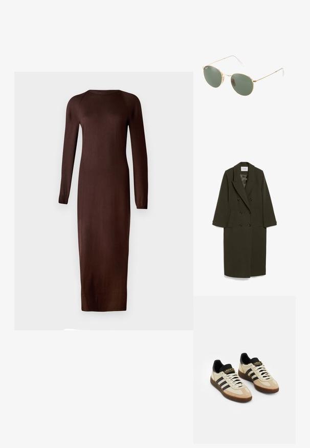 Musta oliivinvihreä tupla-rivinen takki, jossa on pitkät hihat, lovettu kaulus, kaksi sivutaskua ja mustat napit; sileä kangasrakennus.; Ruskea, pitkähihaine neulemekko, jossa on pyöreä pääntie ja vartalonmyötäinen siluetti, ulottuen sääreen asti. Pehmeä, sileä rakenne ja vähäiset yksityiskohdat.; Beige mokkan urheilu kengät mustilla nahka yksityiskohdilla, valkoisilla nauhoilla ja ruskealla kumipohjalla. Kolme mustaa raita kummallakin sivulla.; Kultaiset metallikehyiset aurinkolasit, joissa on vihreät linssit, pyöreä muoto, ohuet templet ja valkoiset muoviset korostukset varsien päissä.