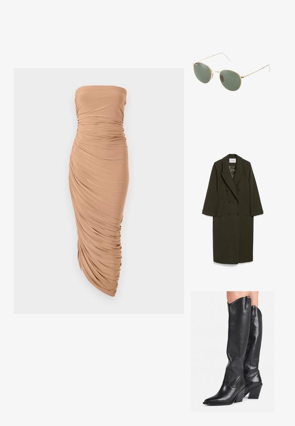 Tamsiai alyvų žalia dvigubo užsegimo striukė su ilgomis rankovėmis, su išpjovų apykakle, dviem šoniniais kišenėmis ir juodais mygtukais; lygus audinio paviršius.; Bešvarkis su petnešomis, pagamintas iš šviesaus bežinio audinio, turintis surinktą drapiruotę aplink kūną ir prigludusią siluetą, kuris baigiasi įsiaurėjusia apatine dalimi.; Juodos odinės batai iki kelių su smailia pirštine, tekstūruota apdaila ir tvirtu kulnu. Yra šoninės kilpos nešiojimui ir subtilūs siuvimo elementai.; Auksiniai metaliniai akiniai nuo saulės su žaliais lęšiais, apvalios formos, ploni pametai ir balti plastikiniai akcentai ant rankenų galiukų.