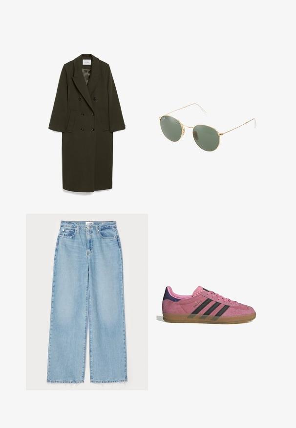 Tmavozelený dvojradový kabát s dlhými rukávmi, zárezovým golierom, dvoma bočnými vreckami a čiernymi gombíkmi; hladká textúra látky.; Krémový sveter s pleteným vzorom, dlhé rukávy, rebrované manžety a spodný lem, s malým vyšitým logom na ľavej hrudi.; Svetlomodré džínsy s širokými nohavicami vyrobené z denimu, s rozstrapkaným spodným lemom, klasickým dizajnom s piatimi vreckami a zapínaním na gombík v páse.; Rúžové semišové tenisky s čiernymi pruhmi, gumovou podrážkou a textúrovaným fialovým podpätkom. Obsahujú šnurovací dizajn a embosované logo na strane.; Slnečné okuliare s zlatým kovovým rámom a zelenými šošovkami, okrúhly tvar, tenké nožičky a biele plastové akcenty na koncoch ramien.