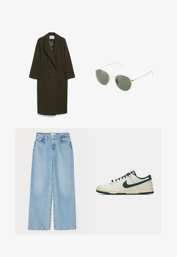 Dunkelolivgrüner doppelt knöpfbarer Mantel mit langen Ärmeln, Reverskragen, zwei seitlichen Taschen und schwarzen Knöpfen; glatte Stofftextur.; Cremefarbener kabelgehäkelter Pullover mit langen Ärmeln, gerippten Bündchen und Saum, mit einem kleinen gestickten Logo auf der linken Brust.; Hellblaue weit geschnittene Jeans aus Denim, mit einem fransigen Saum, klassischem Fünf-Taschen-Design und einem Knopfverschluss an der Taille.; Weiße Low-Top-Sneaker mit dunkelgrüner Nike-Swoosh, Schnürsenkeln und Akzenten an der Sohle, im Profil auf einem schlichten weißen Hintergrund abgebildet.; Sonnenbrille mit goldfarbenem Metallrahmen und grünen Gläsern, runder Form, dünnen Bügeln und weißen Kunststoffakzenten an den Enden der Bügel.