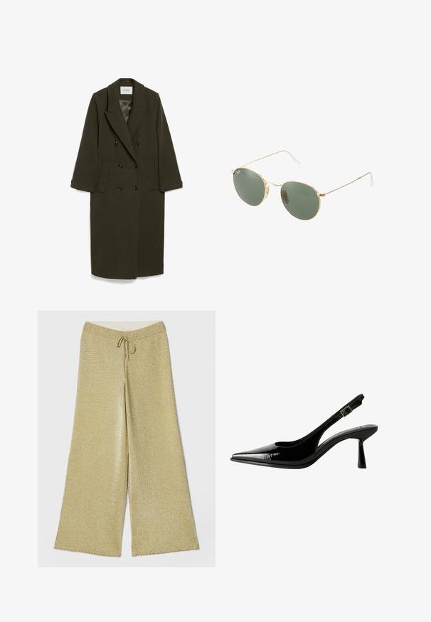 Cappotto doppiopetto verde oliva scuro con maniche lunghe, colletto a revers, due tasche laterali e bottoni neri; tessuto dalla consistenza liscia.; Maglietta marrone a maniche lunghe con scollatura a barca, caratterizzata da grandi pois bianchi e dettaglio arricciato in vita per un look aderente.; Pantaloni palazzo metallici oro con vita elastica e lacci. Presentano una texture morbida e un dettaglio a orlo scallop.; Pumps slingback in vernice nera con punta affilata, lati sagomati, cinturino alla caviglia regolabile e tacco sottile e slanciato.; Occhiali da sole con montatura metallica dorata, lenti verdi, forma rotonda, aste sottili e dettagli in plastica bianca sulle punte delle aste.