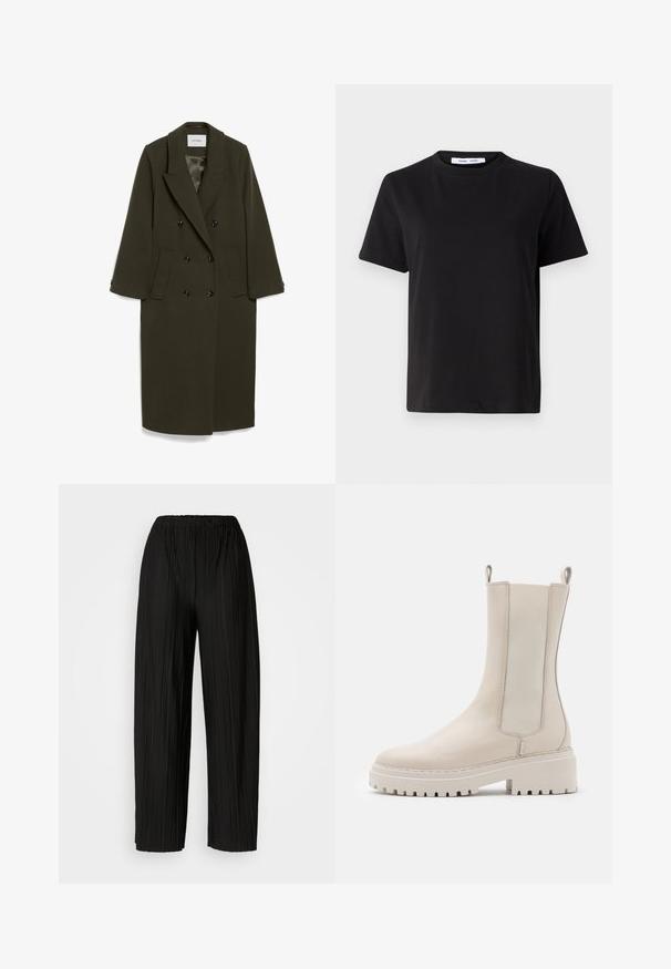 Sötét olívazöld, dupla gombolású kabát hosszú ujjakkal, bemetszett gallérral, két oldalsó zsebbel és fekete gombokkal; sima szövet textúra.; Fekete, rövid ujjú póló, puha pamutból készült, kerek nyakkivágással, laza szabással és sima textúrával. Nincs látható minta vagy grafikák.; Fekete, pliszírozott, bőszárú nadrág rugalmas derékkal. Az anyag függőleges pliszékkel és sima textúrával rendelkezik.; Bézs színű, bőrből készült bokacsizma rugalmas oldalsó panelek, robusztus fehér talp és hátul elhelyezett húzófülek mellett, amelyek megkönnyítik a felhúzást.
