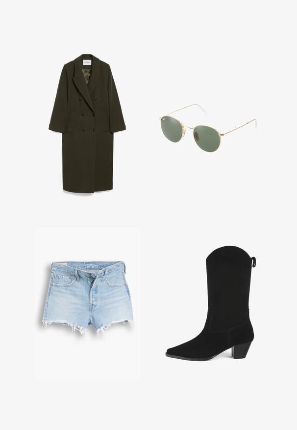 Tamsiai alyvų žalia dvigubo užsegimo striukė su ilgomis rankovėmis, su išpjovų apykakle, dviem šoniniais kišenėmis ir juodais mygtukais; lygus audinio paviršius.; Juodas raštuotas lieknas marškinėliai su apvalia iškirpte ir balta siuvinėta logotipu. Medžiaga yra glotni su pritaikytu siluetu.; Šviesiai mėlyni džinsiniai šortai su aukštu liemeniu, išpjaustytu kraštu, penkių kišenių dizainu ir kontrastingomis siuvimo siūlėmis. Priekyje uždarymui yra du mygtukai.; Juodas suede stiliaus jojimo batas su smailiu priekčiu, nedideliu kulniuku ir banguotu viršutiniu kraštu. Pasižymi minimaliai siūlų, taip pat turi galinį vilkimo kilpelę.; Auksiniai metaliniai akiniai nuo saulės su žaliais lęšiais, apvalios formos, ploni pametai ir balti plastikiniai akcentai ant rankenų galiukų.