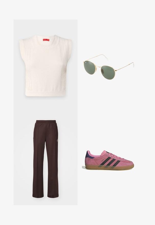 Cappotto doppiopetto verde oliva scuro con maniche lunghe, colletto a revers, due tasche laterali e bottoni neri; tessuto dalla consistenza liscia.; Maglione senza maniche bianco lavorato a maglia con colletto rotondo, caratterizzato da bordi a coste e pannelli testurizzati sui lati. Etichetta rossa del marchio all'interno.; Pantaloni sportivi marroni con elastico in vita, due tasche laterali e un piccolo logo sul lato sinistro, realizzati in un tessuto morbido.; Sneaker in suede rosa con strisce nere, suola in gomma e tallone texturizzato viola. Presenta un design con lacci e un marchio in rilievo sul lato.; Occhiali da sole con montatura metallica dorata, lenti verdi, forma rotonda, aste sottili e dettagli in plastica bianca sulle punte delle aste.