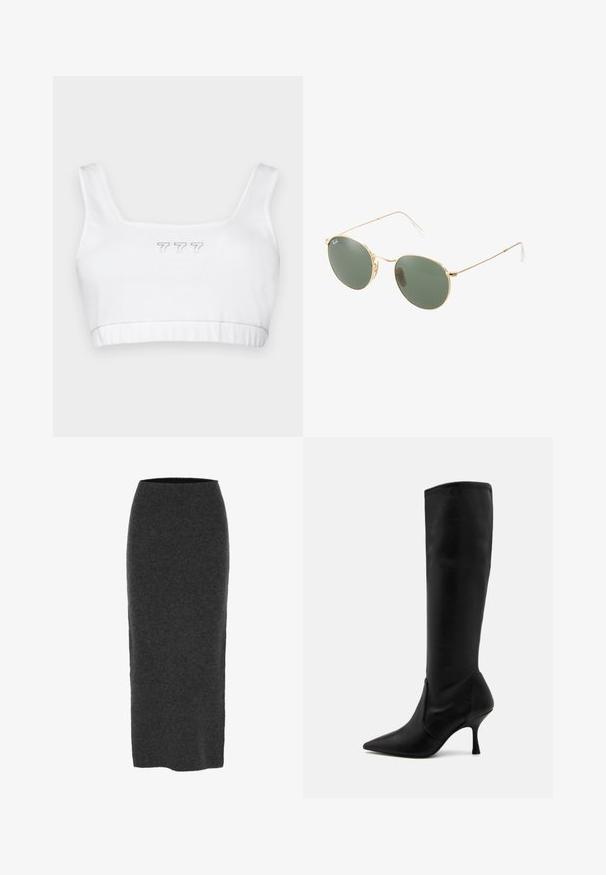 Tamno maslinasto zeleni kaput s dvostrukim kopčanjem, dugim rukavima, izrezom, s dva bočna džepa i crnim dugmadi; glatka tekstura tkanine.; Bijela karirana pamučna bluzica s kvadratnim izrezom, na kojoj se u sredini nalaze suptilno izvezena siva oznaka "777", a cijela tkanina ima glatku teksturu.; Pletena olovka suknja u tamnosivoj boji, srednje dužine s prilagođenim oblikom, glatkom teksturom i elastičnom gumicom za udobnost.; Stuart Weitzman Čizme - black; Naocale za sunce s okvirom od zlata, zelenim staklima, okruglog oblika, tankim ručkama i bijelim plastičnim naglascima na vrhovima nogara.