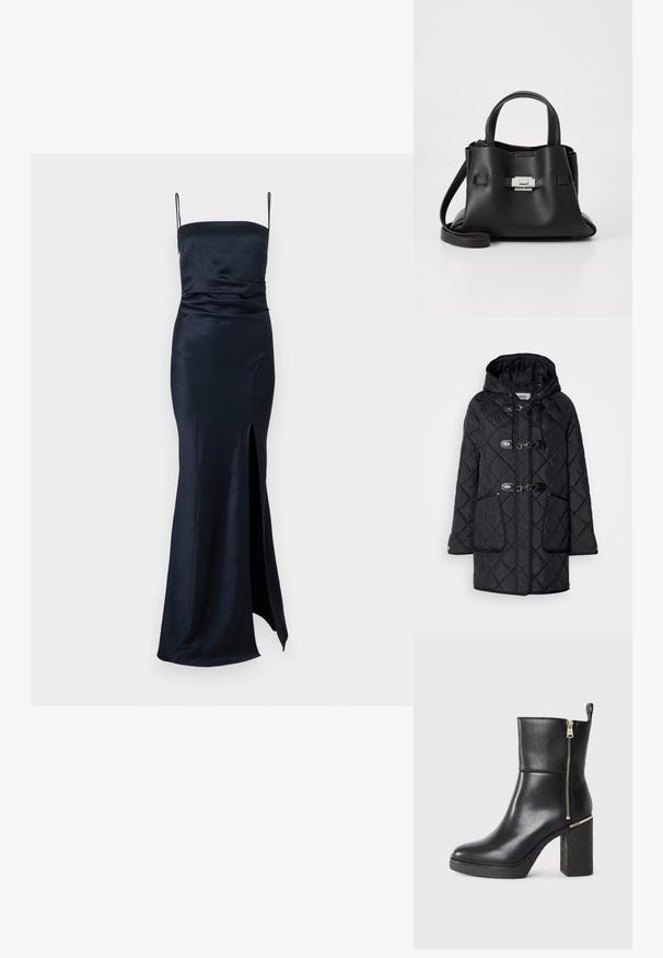 Casaco preto acolchoado com um padrão de diamante texturizado, capuz, fechos de toggle e dois bolsos frontais. Apresenta um acabamento em preto contrastante.; Vestido de noite em cetim azul-marinho com corpete justo, finas alças ajustáveis tipo spaghetti, e uma fenda até a coxa, apresentando um detalhe drapeado na cintura.; Botim preto até ao tornozelo feito de couro liso, apresentando um fecho lateral e um salto em bloco texturizado. Design fácil de colocar com bico arredondado.; Bolsa de mão de couro preto com um acabamento texturizado, apresentando duas alças superiores, uma alça de ombro destacável e um detalhe de fecho prateado.