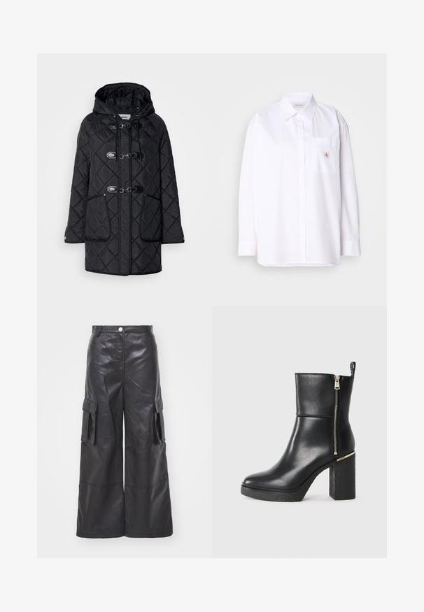 Polsterdatud must mantel, millel on tekstuuriga teemantimuster, капuuts, nööbid ning kaks esi-taskut. Omab vastanduvat musta äärist.; Valge puuvillane nööpidega särk pika varrukaga, rinnakotiga ja väikese CK logo plaastriga kotil. Sile tekstuur ja kohandatud lõige.; Mustad nahast cargo püksid laia jalgadega disainiga, millel on kaks küljekotti ja detailne õmblustöö. Kanga tekstuur on sile ja läikiv.; Mustad mustad nahast pahkluu saapad, millel on külgne tõmblukk ja tekstuuriga plokkkonts. Libisemisvastane disain, ümar toe.