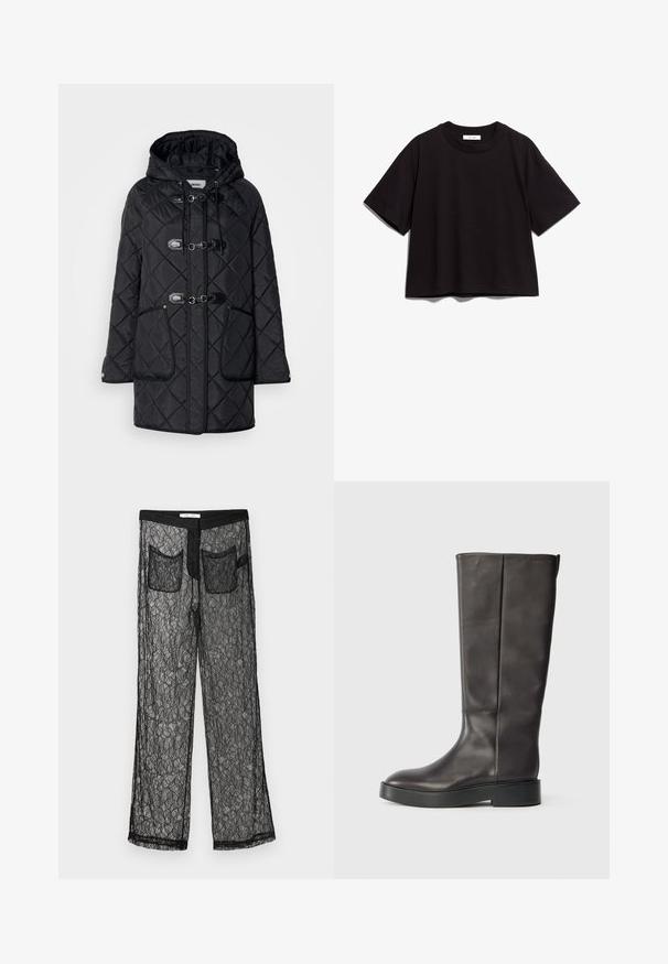 Podložena črna jakna z strukturiranim diamantom, kapuco, toggla zapiranjem in dvema sprednjima žepoma. Ima kontrastne črne robove.; Črna bombažna kratka majica s krožnim izrezom in kratkimi rokavi. Ima sproščen kroj in preprost, neokrnjen dizajn.; Samsøe Samsøe SAYLA TROUSERS - Hlače - black; Črne usnjene gležnjarje do kolen z debelim podplatom in diskretnim logotipom Calvin Klein blizu zgornjega roba, prikazane s strani.