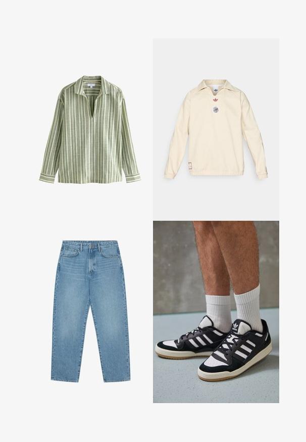 Krämfärgad tröja med krage, har en liten röd logotyp och en cirkulär grafisk emblem på bröstet. Elastiska mudd och fåll.; Ljusgrön randig långärmad skjorta med krage, med vertikala ränder i olika nyanser av grönt och krämfärgat, samt en V-ringning.; Ljusblå denimbyxor med vida ben och hög midja, med fem fickor, bälteshällor och en mjuk, något urtvättad textur.; Svartvita sneakers med ovandel i mocka och läder, med tre vita ränder, perforerad tå och sula av gummigummi.