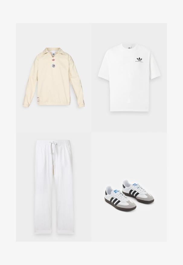 Krem pulover z ovratnikom, z majhnim rdečim logotipom in okroglim grafičnim emblemom na prsih. Elastični manšete in spodnji rob.; Bela bombažna majica s kratkimi rokavi, ki na sprednji strani vsebuje črn logotip "BASKETBALL" in ikoničen dizajn treh črt.; Bela sproščena hlače s prilagodljivim elastičnim pasom in vrvico. Imajo stranske žepke in mehak bombažen videz.; Športni čevlji z belim usnjenim zgornjim delom, sivim semišem na prstih in tremi črnimi črtami. Imajo modro logo na jeziku in teksturiran gumijast podplat.