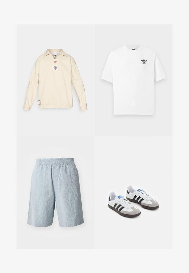 Cream pullover with a collar, features a small red logo and a circular graphic emblem on the chest. Elastic cuffs and hem.; White cotton t-shirt with short sleeves, featuring a black "BASKETBALL" logo and iconic three-stripe design on the front.; Light blue shorts with a textured fabric, elastic waistband, and side pockets. The design features a loose fit and knee-length cut.; Sport shoes with a white leather upper, gray suede toe, and three black stripes. Features a blue logo on the tongue and a textured rubber sole.
