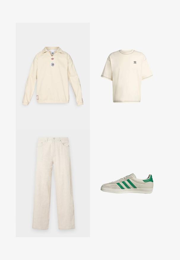 Pull-over crème avec col, présentant un petit logo rouge et un emblème graphique circulaire sur la poitrine. Poignets et ourlet élastiques.; T-shirt surdimensionné de couleur crème en coton, avec des manches courtes, un col rond et un logo Adidas noir sur la poitrine gauche.; Pantalons larges beiges en tissu texturé, dotés d'une fermeture à bouton, de passants de ceinture et d'un style de poche classique.; Baskets beiges avec des rayures vertes, dotées d'une semelle blanche et d'un dessus en cuir lisse. Vue de côté mettant en valeur les détails des lacets et le logo.