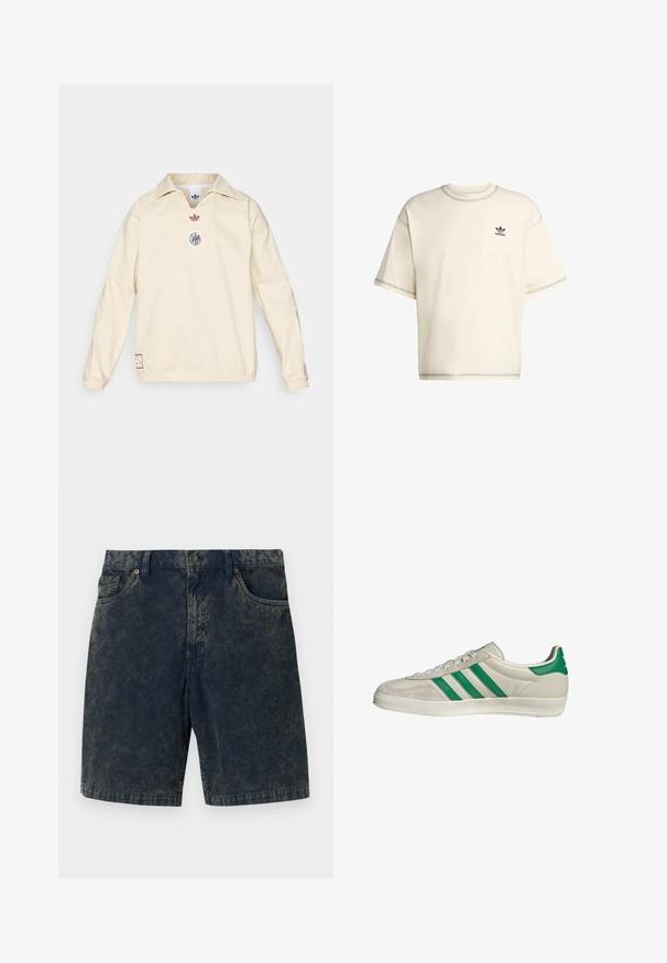 Cream pullover with a collar, features a small red logo and a circular graphic emblem on the chest. Elastic cuffs and hem.; Cream-colored oversized t-shirt made of cotton, features short sleeves, crew neckline, and black Adidas logo on the left chest.; Dark blue corduroy shorts featuring a button closure, two front pockets, and subtle lighter stripes across the fabric.; Beige sneaker with green stripes, featuring a white sole and a smooth leather upper. Side view highlighting lace details and logo.
