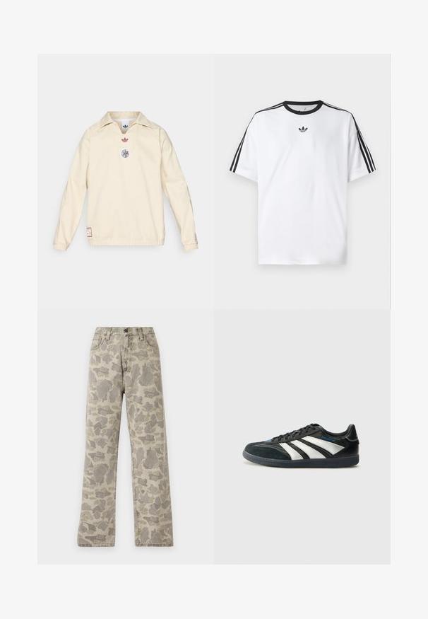 Kremo spalvos megztinis su apykakle, ant krūtinės yra mažas raudonas logotipas ir apvalus grafikos ženklas. Elastingi rankogaliai ir apačia.; Balta medvilninė marškinėlių su juodu apvali kaklu, ant kiekvieno peties iš trijų juodų juostelių. Mažas juodas logotipas ant krūtinės.; Carhartt WIP LANDON PANT - Tiesaus kirpimo džinsai - grey/black; adidas Performance PREDATOR FREESTYLE JUDE INDOOR FOOTBALL SHOES - Salės futbolo bateliai - core black/silver-coloured/glory blue