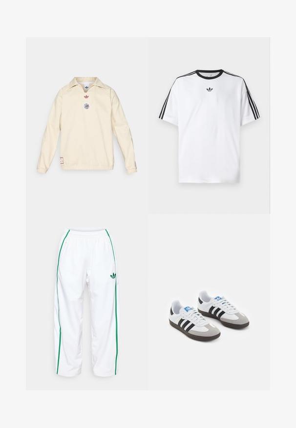 Pulover crem cu guler, cu un mic logo roșu și un emblemă grafică circulară pe piept. Manșete și tiv elastice.; Tricou alb din bumbac, cu un guler rotund negru și trei dungi negre pe fiecare umăr. Logo mic negru pe piept.; Pantaloni de trening albi cu dungi verzi pe laterale, talie elastică și două buzunare cu fermoar. Construiți dintr-un material neted și ușor.; Încălțăminte sport cu un superior din piele albă, vârf din suede gri și trei dungi negre. Prezintă un logo albastru pe limbă și o talpă din cauciuc texturat.