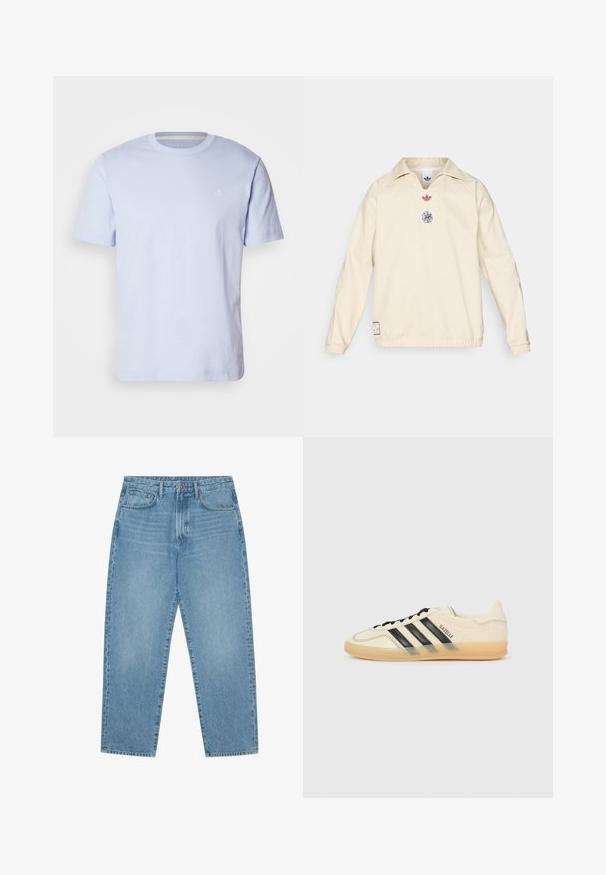 Jersey crema con cuello, presenta un pequeño logo rojo y un emblema gráfico circular en el pecho. Puños y dobladillo elásticos.; Camiseta de algodón azul claro con cuello redondo, mangas cortas y un pequeño logo blanco "M OP" en el lado izquierdo del pecho. Textura suave.; Jeans de denim azul claro de pierna ancha con cintura alta, que cuentan con cinco bolsillos, trabillas para cinturón y una textura suave y ligeramente deslavada.; Zapatillas de deporte de color crema claro con diseño de tres rayas negras, parte superior texturizada, punta redonda y suela de goma. Incluye cordones y logotipo en el lateral.