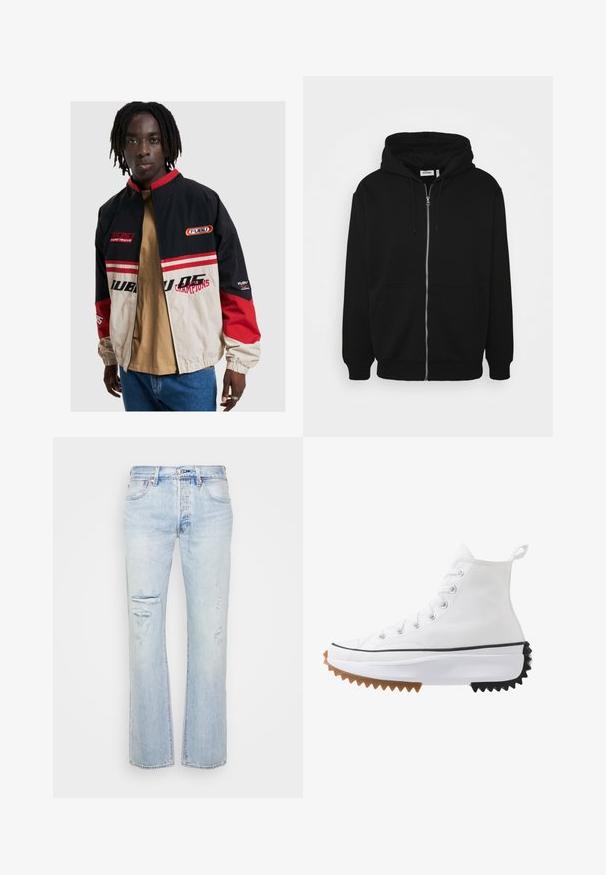 FUBU bunda v černé, béžové a červené barvě. Disponuje stojáčkem, zipovým zapínáním a akcenty s logem. Vyrobena z lehkého materiálu s elastickými manžetami.; Černá mikina na zip s kapucí na šňůrku, předními kapsami, žebrovanými manžetami a hladkým povrchem látky. Ve středu je viditelná brandingová štítek uvnitř.; Bílé triko z bavlny s krátkým rukávem, kulatým výstřihem, volným střihem a bez viditelných log či vzorů. Hladká textura a minimalistický design.; Svetle modré džíny s rovný fit, s vybledlými nášivkami a roztrhanými lemy. Jemné vyblednutí a klasické kovové doplňky.; Bílé vysoké sneakersy s plátěným svrškem, černými a hnědými gumovými akcenty, výraznou zubatou podrážkou a stříbrnými průvleky se šňůrkami.