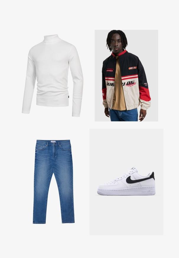 Veste FUBU en noir, beige et rouge. Dotée d'un col montant, d'une fermeture éclair sur le devant et d'accents de logo. Conçue en matériau léger avec des poignets élastiques.; Chandail à col roulé blanc à manches longues en tissu doux et lisse. Présente un design ajusté et un col haut et confortable. Style minimaliste.; Un jean en denim bleu avec une coupe droite, comportant des poches avant, des coutures surpiquées et une fermeture à bouton classique.; Sneaker en cuir blanc avec un Swoosh noir texturé, des lacets plats et une semelle en caoutchouc avec un motif strié. "AIR" est embossé sur le talon.