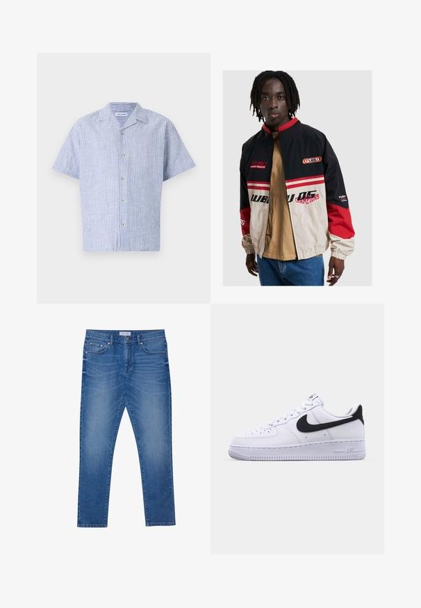 FUBU-jack in zwart, beige en rood. Voorzien van een staande kraag, ritssluiting aan de voorkant en logo-accenten. Gemaakt van lichtgewicht materiaal met elastische boorden.; Korte mouwen shirt in blauw en witte verticale strepen, met een kraag en een sluiting met vijf knopen, gemaakt van lichte stof.; Blauwe denim jeans met een rechte pasvorm, voorzien van voorkruiden, gestikte naden en een klassieke knoopsluiting.; Witte leren sneaker met een gestructureerde zwarte Swoosh, platte veters en een rubberen zool met een geribbeld patroon. "AIR" is in de hak geperst.