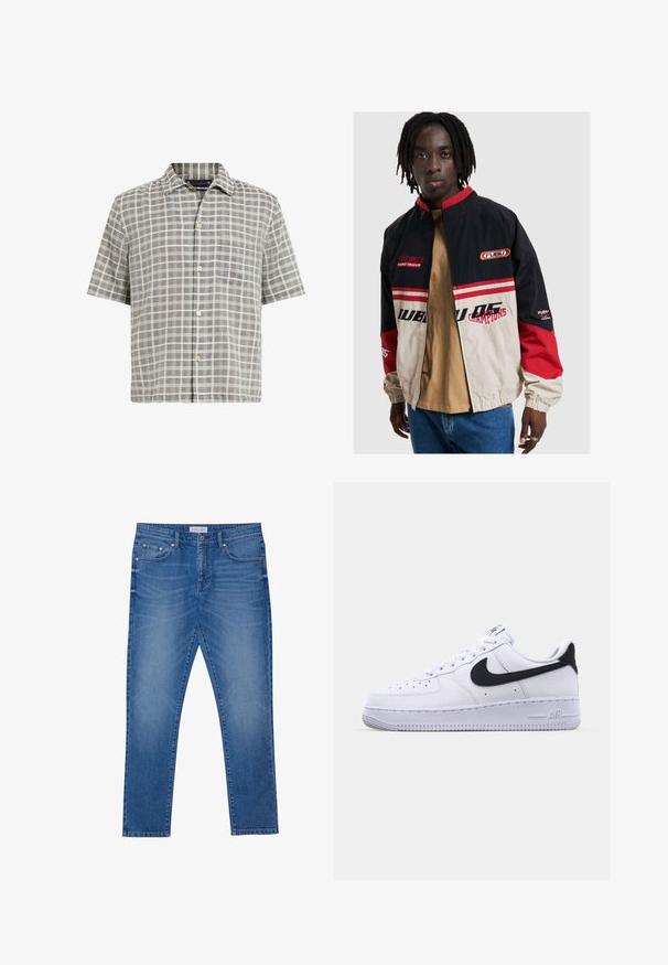 FUBU-jack in zwart, beige en rood. Voorzien van een staande kraag, ritssluiting aan de voorkant en logo-accenten. Gemaakt van lichtgewicht materiaal met elastische boorden.; Korte mouwen overhemd in een grijs ruitpatroon, met een button-down kraag, een borstzak en een lichte stoftextuur met crèmekleurige accenten.; Witte katoenen tanktop met een ronde halslijn, brede schouderbanden en een rechte zoom, met een gladde textuur en zonder zichtbare patronen.; Blauwe denim jeans met een rechte pasvorm, voorzien van voorkruiden, gestikte naden en een klassieke knoopsluiting.; Witte leren sneaker met een gestructureerde zwarte Swoosh, platte veters en een rubberen zool met een geribbeld patroon. "AIR" is in de hak geperst.