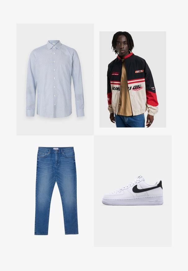 FUBU jakk mustas, beežis ja punases. Omab seisvat kaelust, lukuga eesmist avamist ja logo aktsente. Valmistatud kergest materjalist, millel on elastsed varrukakohtade äärised.; Heled varrukatega särk helesinises värvitoonis, millel on geomeetriline muster ja valged nööbid. Särgil on terav krae ja lõdvestunud mudel.; Sinine denimpüksid sirge jala disainiga, ees taskutega, õmblustega ja klassikalise nupuga sulgemisega.; Valge nahast toss musta tekstuuriga Swooshiga, lamedate nööridega ja kummist tallaga, millel on sooneline muster. "AIR" on reljeefne kandadel.