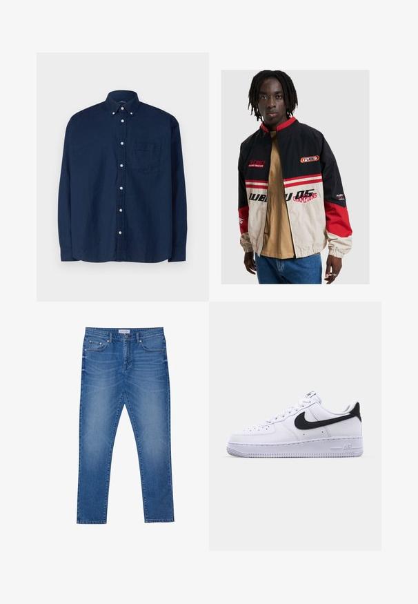 FUBU bunda v čiernej, béžovej a červenej farbe. Má stojatý golier, zipsový predný otvor a logové akcenty. Vyrobená z ľahkého materiálu s elastickými manžetami.; Námornícky modrá košeľa na gombíky vyrobená z bavlny. Má špicatý golier, dlhé rukávy, náprsné vrecko a biele gombíky. Textúrovaná tkanina.; Modré džínsy s rovnými nohavicami, ktoré majú predné vrecká, šité švy a klasické zapínanie na gombík.; Biele kožené tenisky s textúrovaným čiernym Swooshom, plochými šnúrkami a gumovou podrážkou s ryhovaným vzorom. Na päte je embosovaný nápis "AIR".