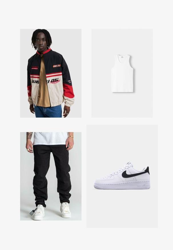 FUBU jakna u crnoj, bež i crvenoj boji. Ima stojeći ovratnik, prednji zip i akcentirane logotipe. Izrađena je od laganog materijala s elastičnim manžetama.; Bijeli pamučni majica bez rukava s okruglim izrezom, širokim naramenicama i ravnim rubom, s glatkom teksturom i bez vidljivih uzoraka.; Crne traperice s opuštenim krojem, vidljivim šavovima, bočnim džepovima i oznakom pričvršćenom na cipelu. Bijele tenisice upotpunjuju izgled.; Bijele kožne tenisice s teksturiranim crnim Swoosh-om, ravnim vezicama i gumenim potplatom s rebrenastim uzorkom. "AIR" je utisnut na peti.