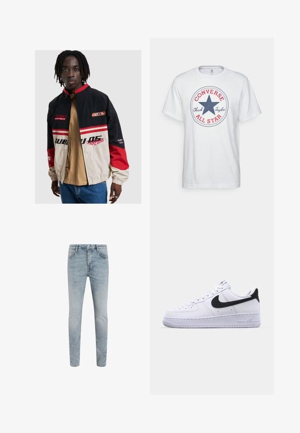 FUBU jaka melnā, bežā un sarkanā krāsā. Iekļauj stāvošu apkakli, rāvējslēdzēja priekšpusi un logotipa akcentus. Izgatavots no viegla materiāla ar elastīgiem rokām.; Balts kokvilnas t-krekls ar apļveida grafiku, kurā ir zila zvaigzne, sarkans teksts "CONVERSE" un "Chuck Taylor ALL STAR". Īsas piedurknes, ikdienišķs piegriezums.; Gaišzilas džinsu bikses, šauras piegriezums, vidēja augstuma josta, piecu kabatu dizains, ar rāvējslēdzēju un pogu aizdari, kā arī viegla izbalējusi tekstūra visā virsmā.; Balti ādas kedas ar strukturētu melnu Swoosh, plakaniem šņorēm un gumijas zoli ar rievotu rakstu. Uz papēža ir iepresēts vārds "AIR".